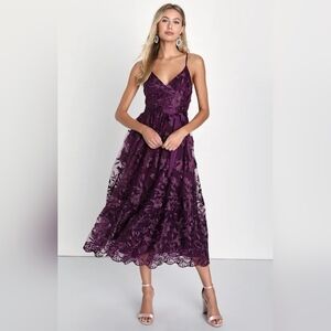 Lulus Pure Poise Dark Purple 3D Embroidered Tulle Midi Dress Size Large